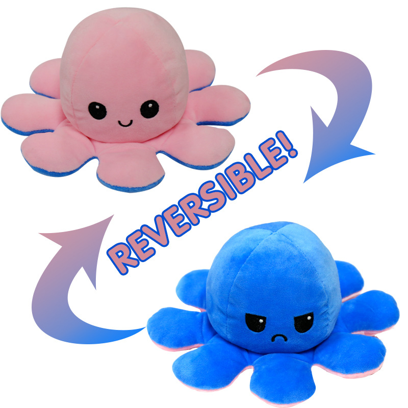Pink/Blue Reversible Octopus Toy Stuffed Animal Happy Sad for Boys Girls