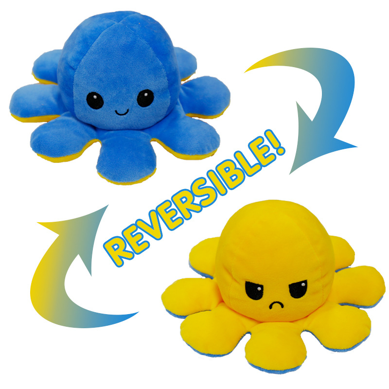 Blue/Yellow Reversible Octopus Toy Stuffed Animal Happy Sad for Boys Girls