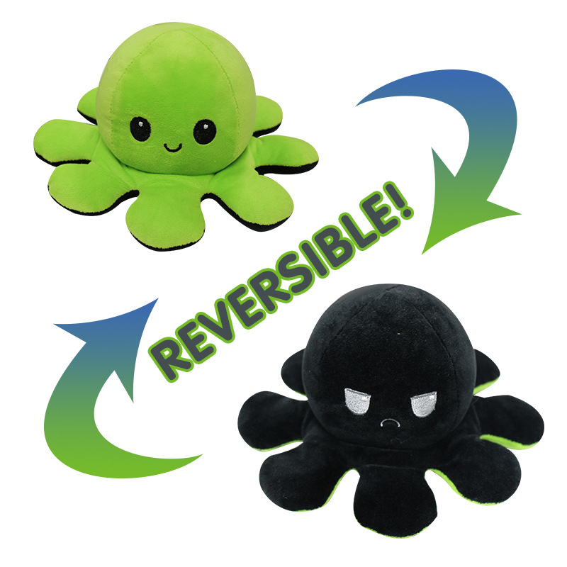 Green/Black Reversible Octopus Toy Stuffed Animal Happy Sad for Boys Girls