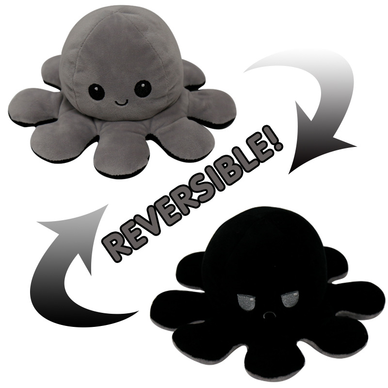 Gray/Black Reversible Octopus Toy Stuffed Animal Happy Sad for Boys Girls