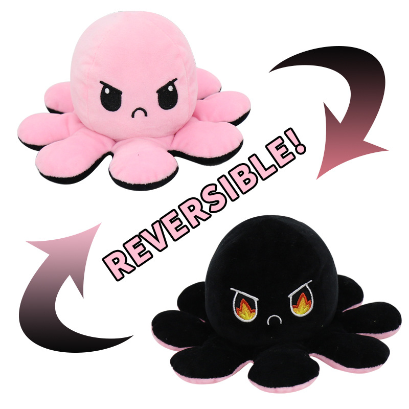 Pink/Black Reversible Octopus Toy Stuffed Animal Happy Sad for Boys Girls