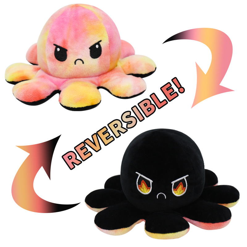 Peach/Black Reversible Octopus Toy Stuffed Animal Happy Sad for Boys Girls