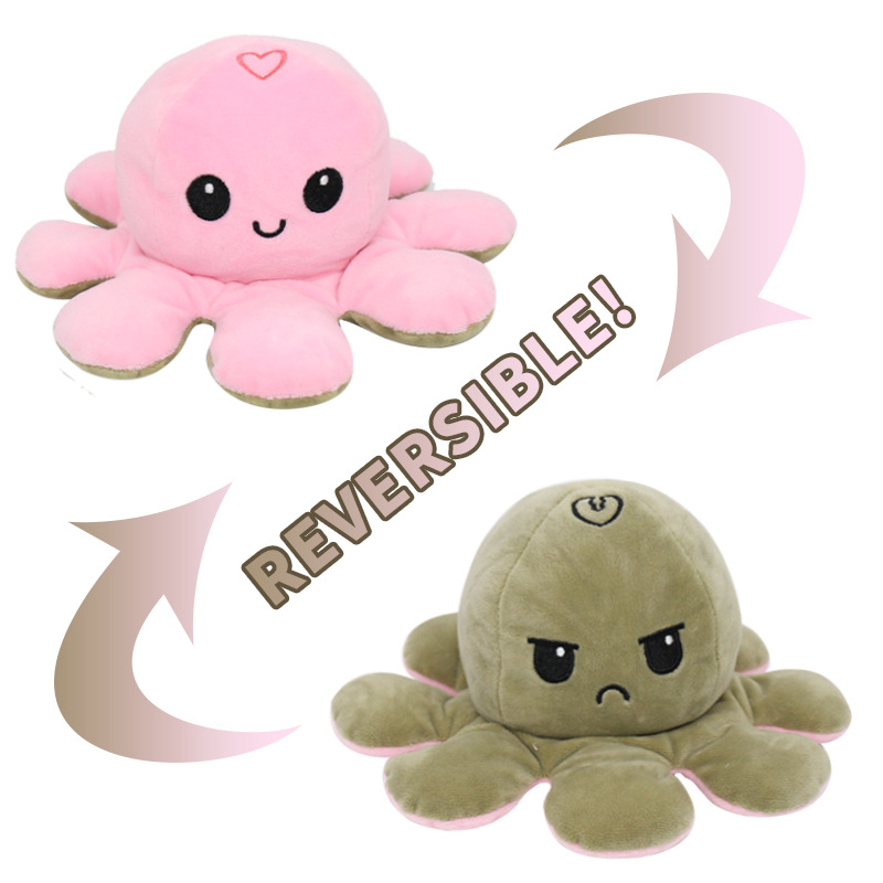 Pink/Gray Reversible Octopus Toy Stuffed Animal Happy Sad for Boys Girls